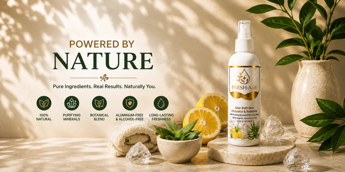 FRESH-ASE after-bath odour eliminator, powered by nature